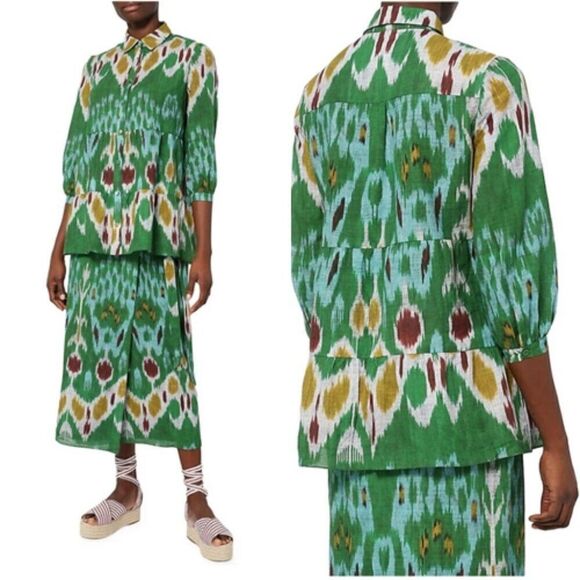 ERDEM Despina Abstract Ikat Button Up Linen Top Tiered Peplum Balloon Sleeve S/M - Picture 1 of 15